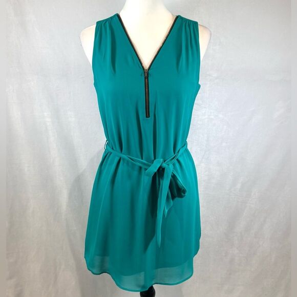 Teal green zipper front belted chiffon dress size small - Picture 1 of 6